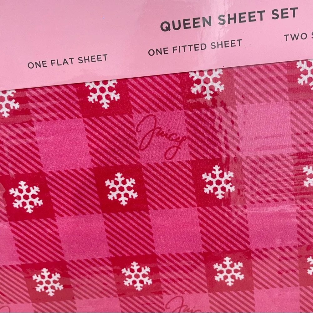 NEW Juicy Couture Queen Sheet Set‎ Pink Buffalo Plaid Snowflake 4 Piece Holiday